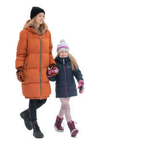 cut out mother and daughter in winter walking hand in hand