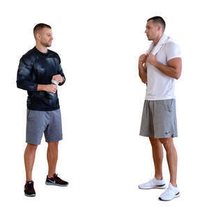 two cut out men standing and talking after workout