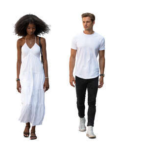 two cut out people in white summer clothing walking