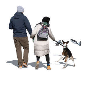 cut out couple walking a dog who want to chase pigeons