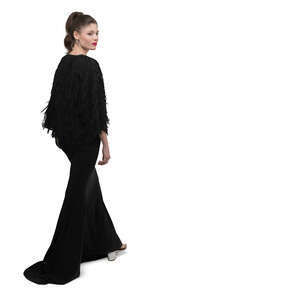 cut out woman in a long black evening gown walking