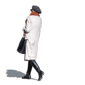 cut out elderly lady in a light grey overcoat walking
