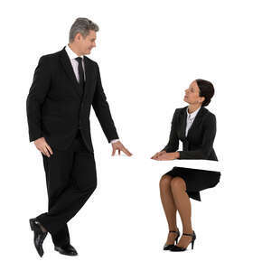 cut out man at office talking to a woman sitting at a work desk 