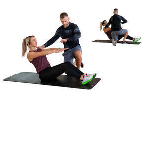 cut out woman exercising in a gym with her personal trainer