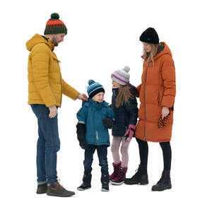 cut out family in winter standing and talking