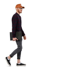 cut out young man with a cap and laptop walking