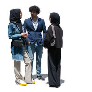 two cut out muslim women and a man standing and talking