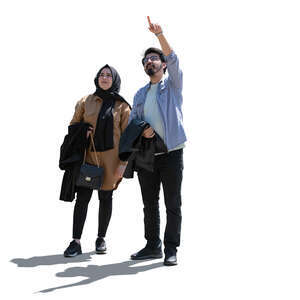 cut out backlit middle eastern man and woman standing and pointing up