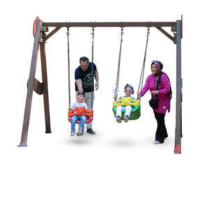 cut out middle east family with the kids playing at the playground and swinging