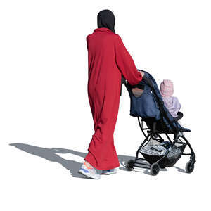 cut out muslim woman with a baby carriage walking