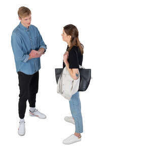 two cut out people standing and talking seen from above