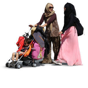 two muslim women walking with a baby carriage