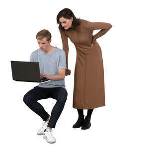 cut out man working with a laptop and a woman standing next to him