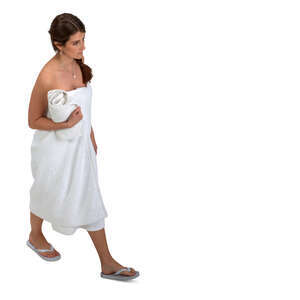 cut out top view of a woman in a sauna towel walking 