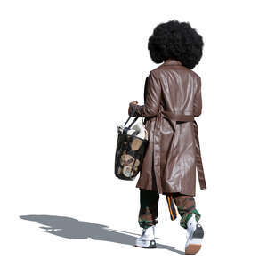 cut out woman in a brown leather coat walking