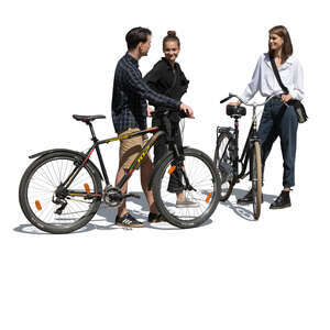 cut out group of young people with bikes standing and talking