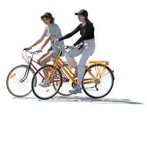 two cut out young women riding a bike together