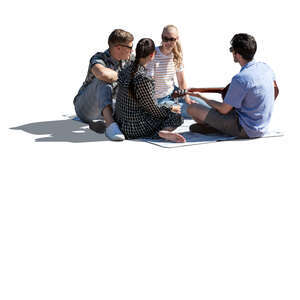 cut out backlit group of friends sitting in park and playing music