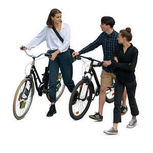 three cut out young people with bikes walking seen from above