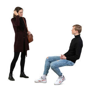 cut out woman standing and talking to a young man sitting