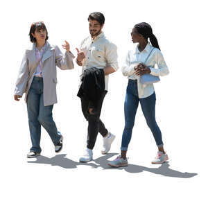 cut out backlit group of three people walking and talking