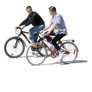 two cut out teenage boys cycling and talking