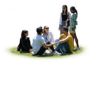 cut out group of people sitting on the grass and talking to some friends standing by
