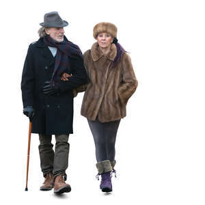 cut out elderly couple walking arm in arm in winter