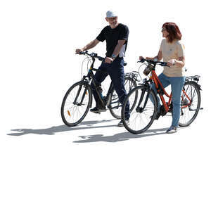 cut out backlit man and woman on bikes stopping and talking