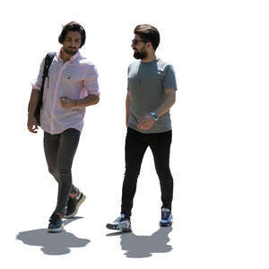 two cut out backlit dark haired men walking