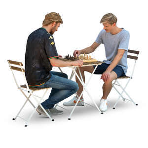 two cut out men sitting at a table and playing chess