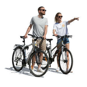 cut out man and woman with bicycles standing and pointing