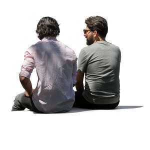 two cut out men sitting in tree shade and talking