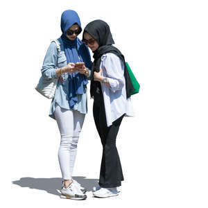 two cut out young middle east girls standing with a phone