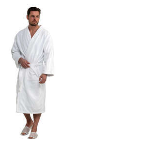 cut out man in a white spa bathrobe walking