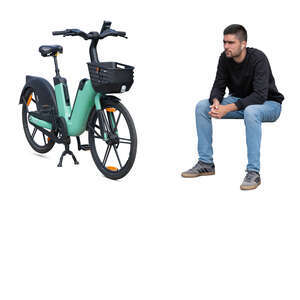 cut out man sitting next to his electric rental bike