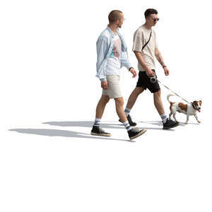 two cut out men and a dog walking