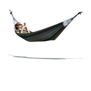 cut out woman lying in a hammock and reading from her phone