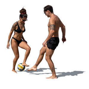 cut out man and woman at the beach playing football