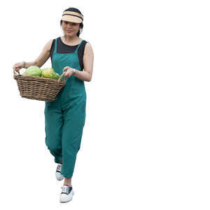 cut out asian woman carrying a basket full of vegetables