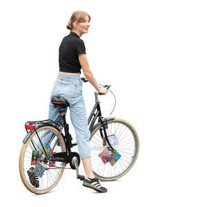 cut out woman with a bike standing and looking at smth