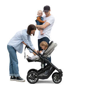 cut out family with a baby and a stroller standing and managing kids