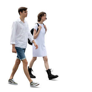 cut out young man and woman in white summer outfits walking together