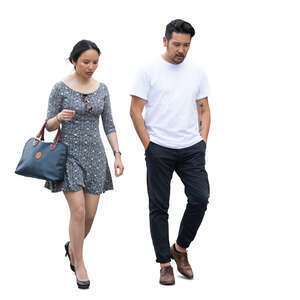 two cut out asian people walking together