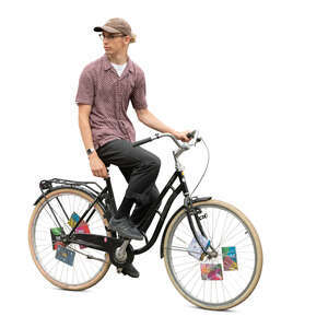 cut out man riding a bike and looking back over his shoulder