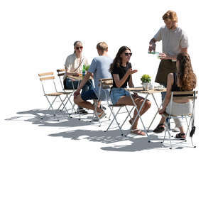 cut out backlit scene of a street cafe with many people and a waiter