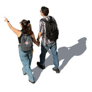 cut out couple walking and pointing ahead seen from above