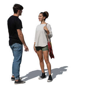 south american man and woman standing and talking