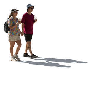 cut out backlit couple from south america walking and drinking ice drinks