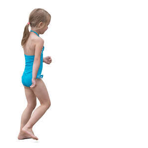 cut out little girl in a swimsuit running by the pool